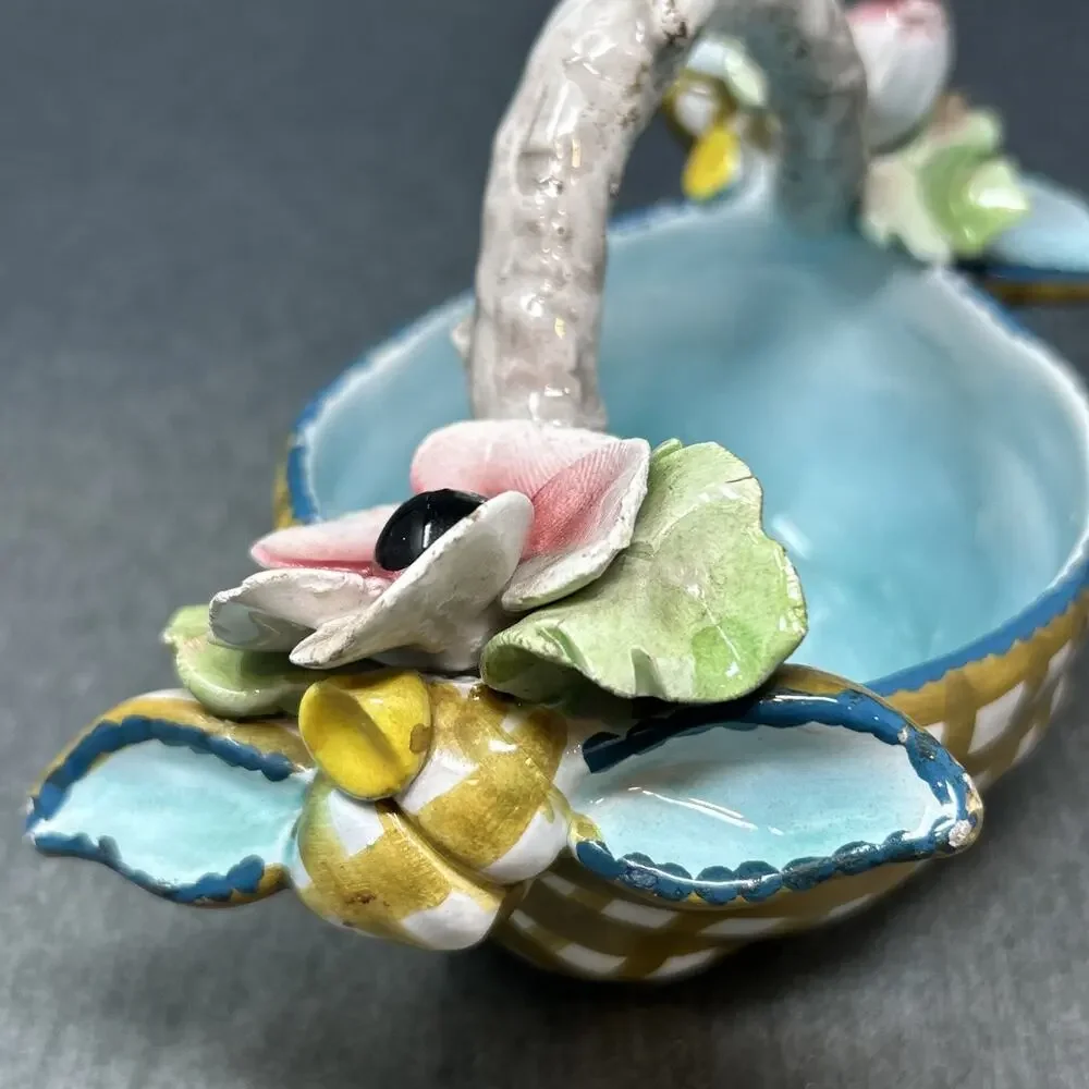 Vintage Italian Majolica Floral Bowl Hand Painted LE 472 Italy Twig Basket READ